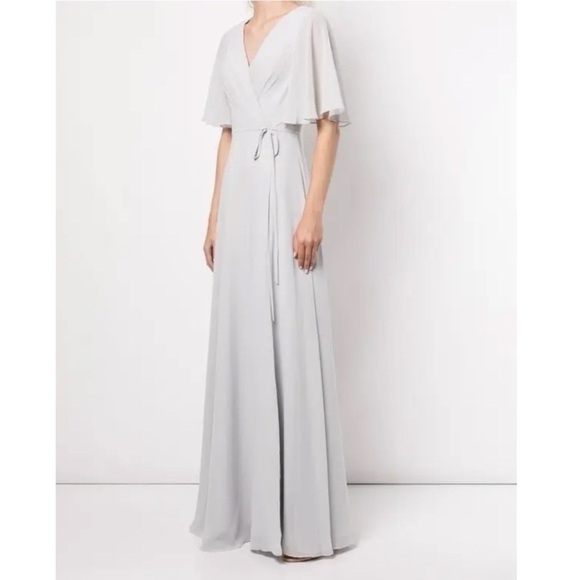 Marchesa Notte Bridesmaids Draped-Sleeve Rear-Cutout Gown Grey - Picture 1 of 16